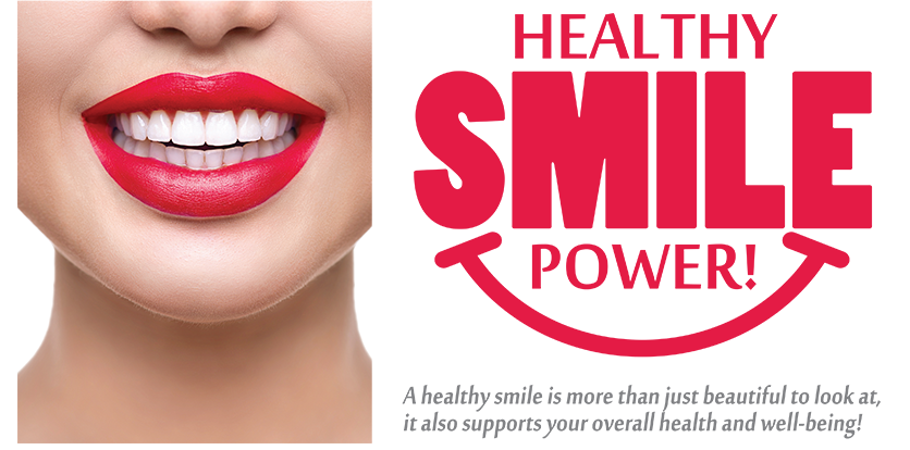 The image features a close-up of a person s face with red lipstick, and there is text overlaying the image that reads  HEALTHY SMILE POWER  in capital letters.