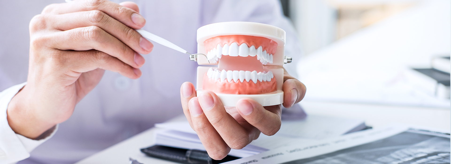 A hand holding a toothbrush near a cup of dental tools.